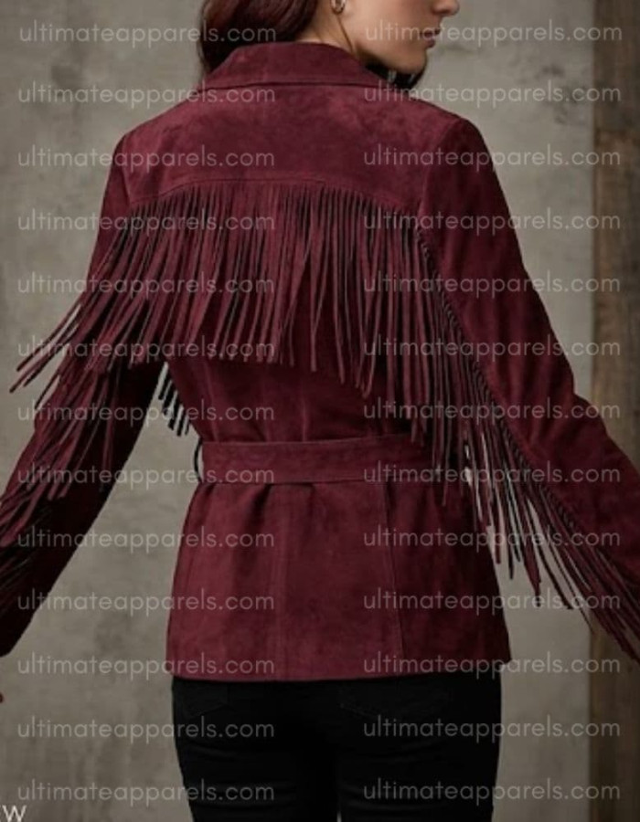The Bordeaux Wrap Burgundy Wine Fringe Suede Jacket The Bordeaux Wrap Burgundy Wine Fringe Suede Jacket