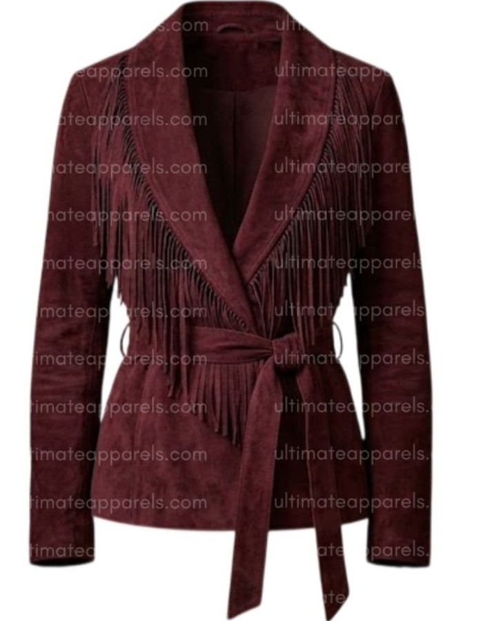 The Bordeaux Wrap Burgundy Wine Fringe Suede Jacket The Bordeaux Wrap Burgundy Wine Fringe Suede Jacket