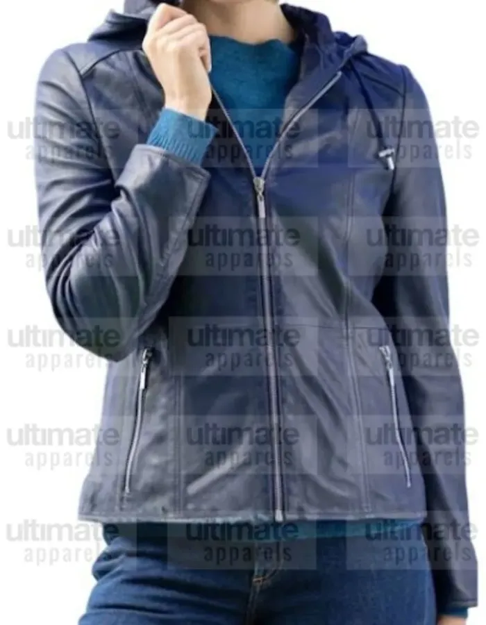 Women's Blue Bomber Leather Hooded Jacket