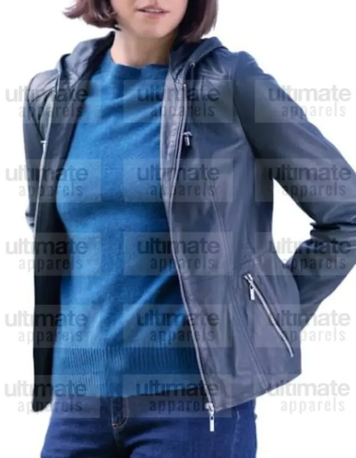 Women's Blue Bomber Leather Hooded Jacket