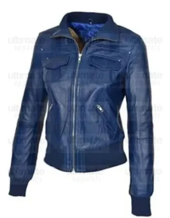 Women's Fashion Blue Bomber Leather Jacket