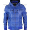 Men's Blue Bomber Leather Hooded Jacket