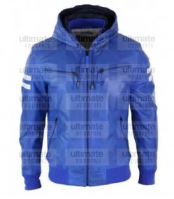 Men's Blue Bomber Leather Hooded Jacket