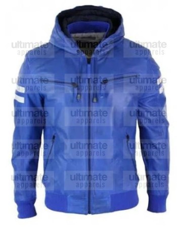 Men's Blue Bomber Leather Hooded Jacket