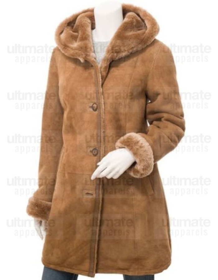 Women's Tan Shearling Dark Brown Parka Trench Coat Women's Tan Shearling Dark Brown Parka Trench Coat