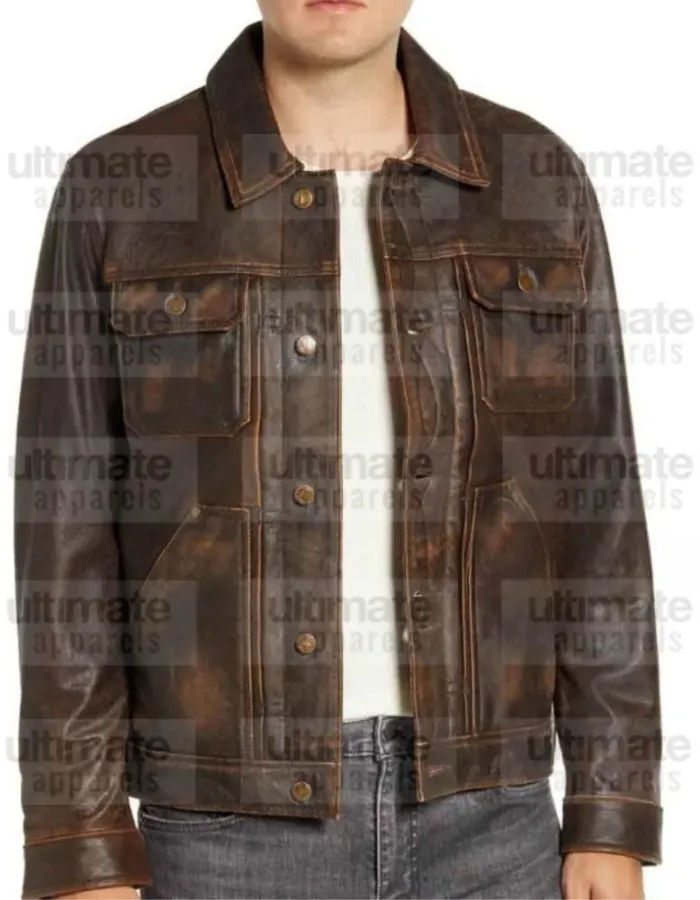 Distressed Brown Shirt Collar Real Leather Jacket Distressed Brown Shirt Collar Real Leather Jacket