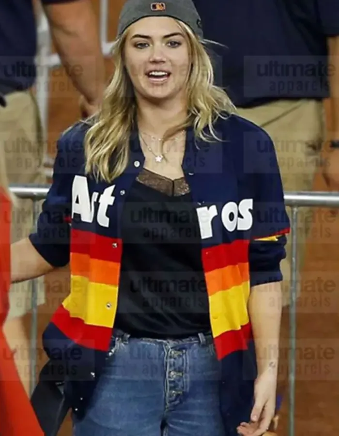 Kate Upton Astros Blue With Rainbow Stripes Fleece Jacket