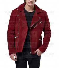 Men's Red Zipper Cuffs Suede Leather jacket