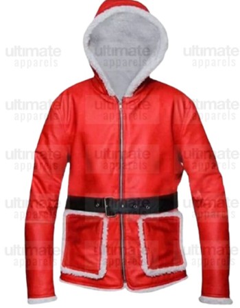 Santa Claus Red Leather Hooded Shearling Jacket