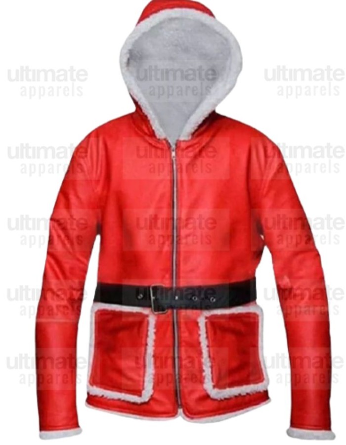 Santa Claus Red Leather Hooded Shearling Jacket Santa Claus Red Leather Hooded Shearling Jacket