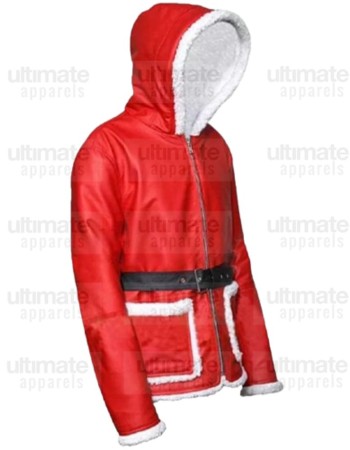 Santa Claus Red Leather Hooded Shearling Jacket Santa Claus Red Leather Hooded Shearling Jacket