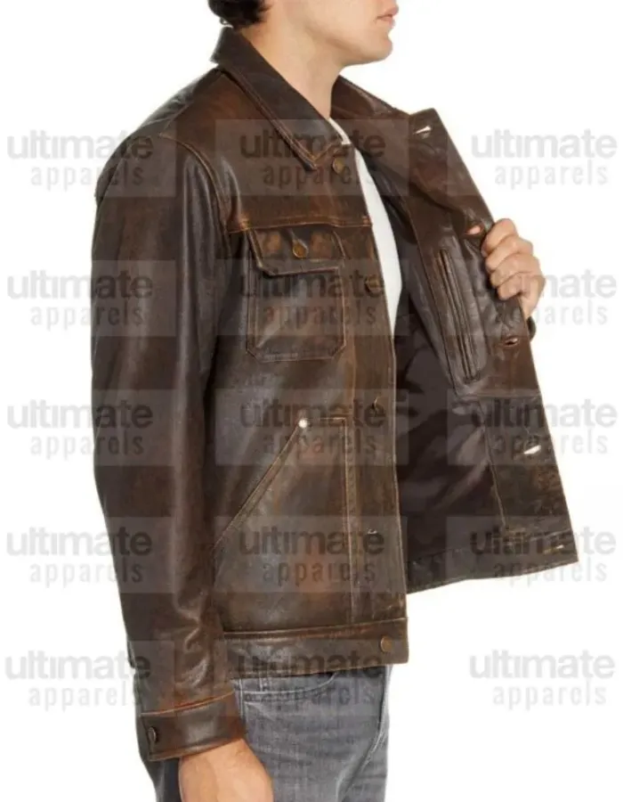 Distressed Brown Shirt Collar Real Leather Jacket Distressed Brown Shirt Collar Real Leather Jacket