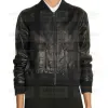 Two Pockets Black Bomber Leather Jacket For Women