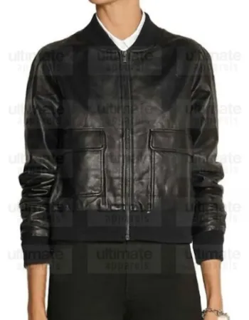 Two Pockets Black Bomber Leather Jacket For Women