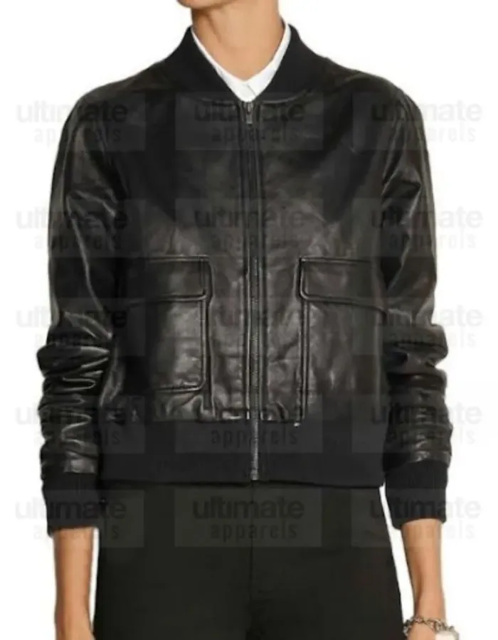 Two Pockets Black Bomber Leather Jacket For Women