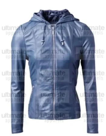Women's Blue Bomber Leather Hooded Jacket