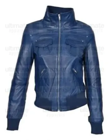 Women's Fashion Blue Bomber Leather Jacket