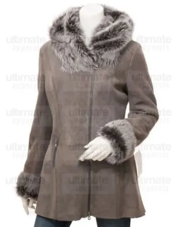 Women's Fashion Grey Shearling suede Leather Coat