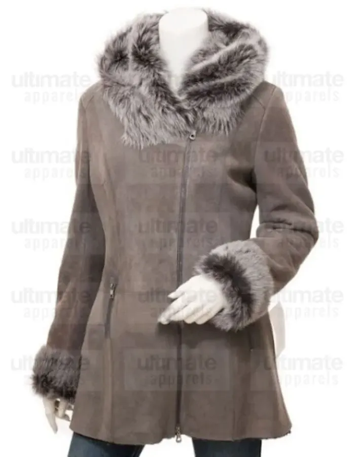 Women's Fashion Grey Shearling suede Leather Coat