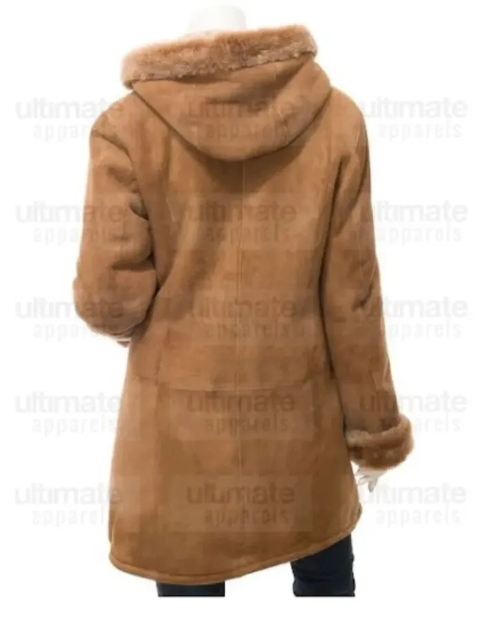 Women's Tan Shearling Dark Brown Parka Trench Coat
