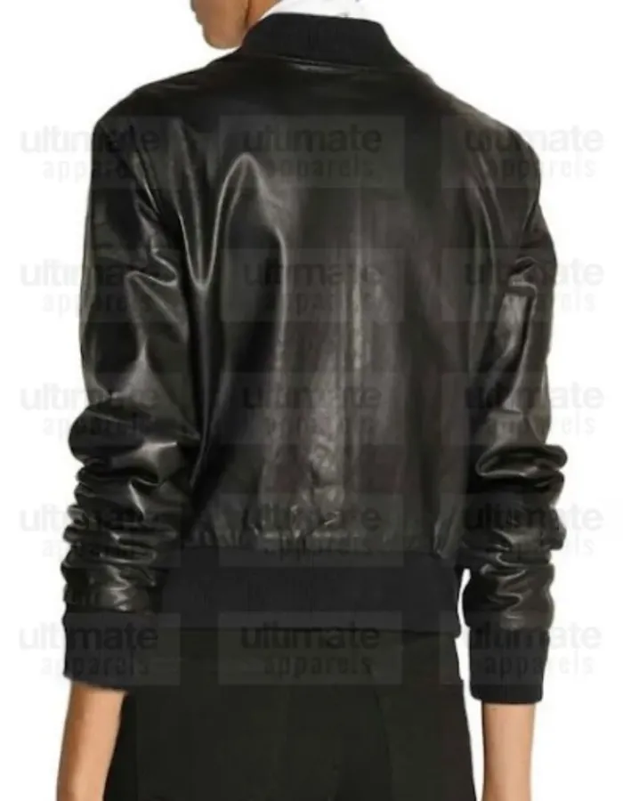 Two Pockets Black Bomber Leather Jacket For Women