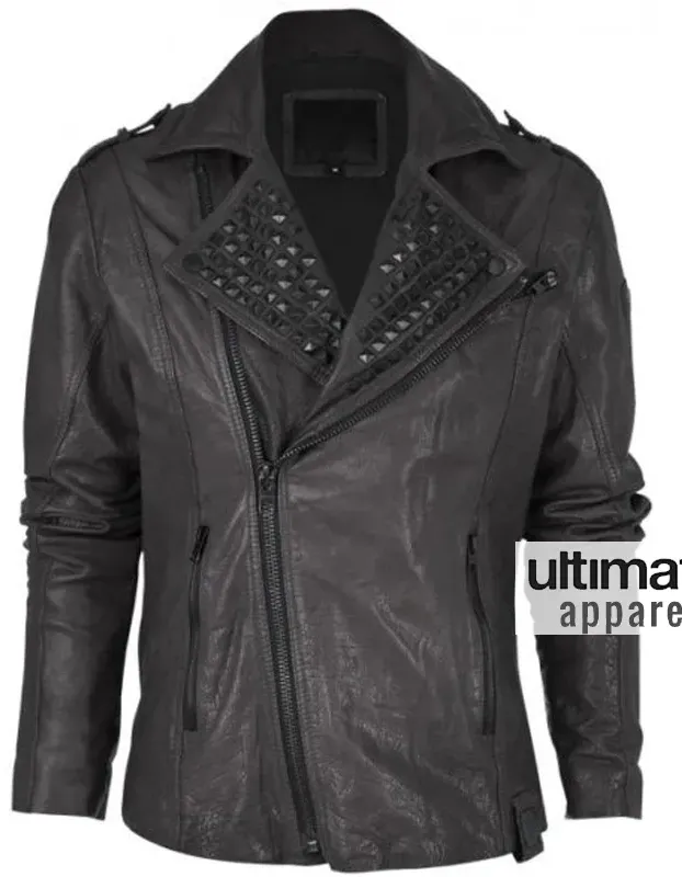 Asymmetrical Style Black Rock and Roll Studded Men's Leather Jacket