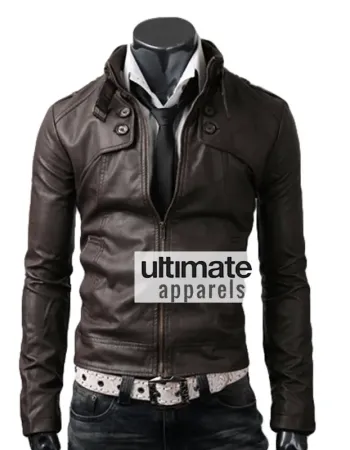 Button Pocket Dark Brown Leather Jacket