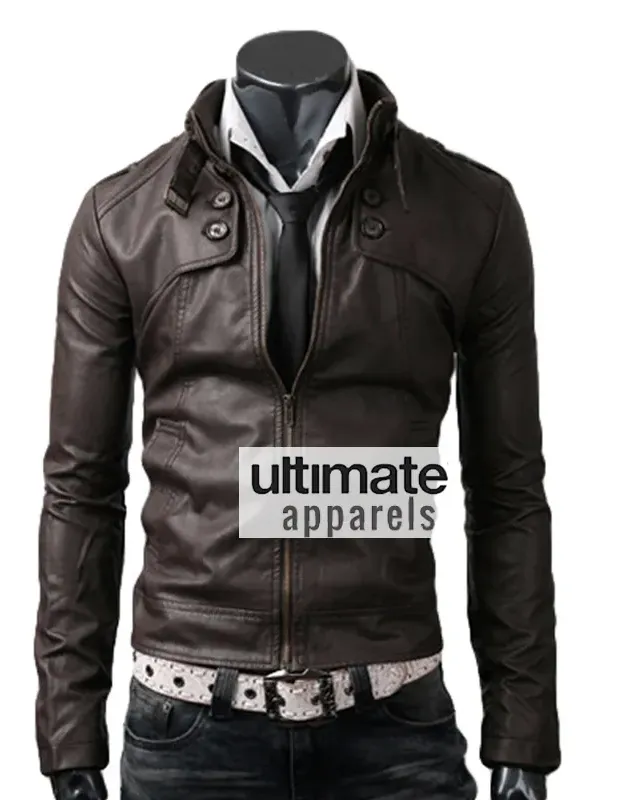 Button Pocket Dark Brown Leather Jacket Button Pocket Dark Brown Leather Jacket