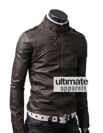 Button Pocket Dark Brown Leather Jacket