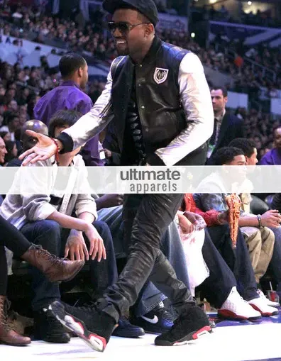 Kanye West Silver Sleeve Black Teddy Varsity Leather Jacket