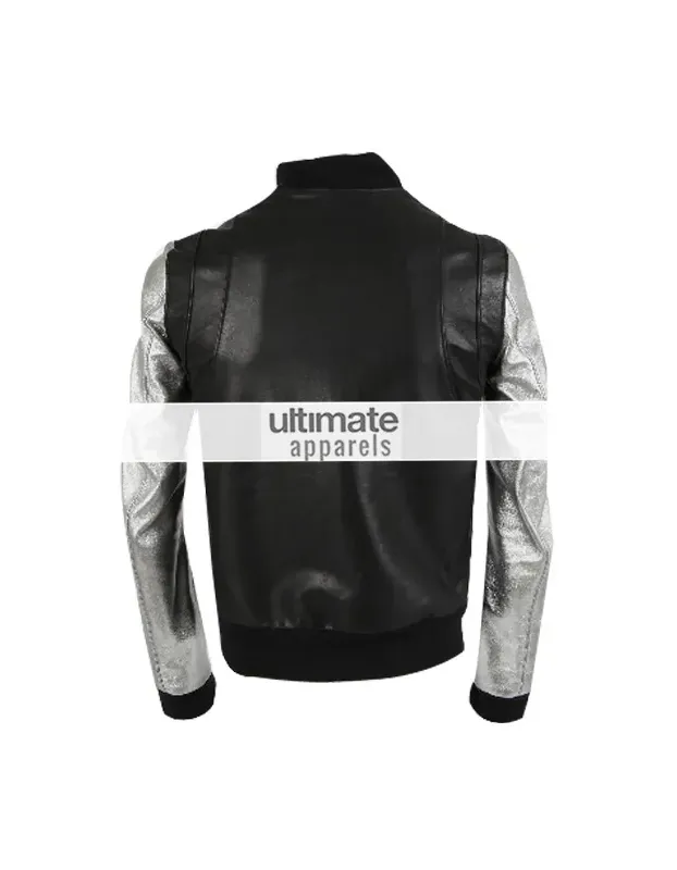 Kanye West Silver Sleeve Black Teddy Varsity Leather Jacket