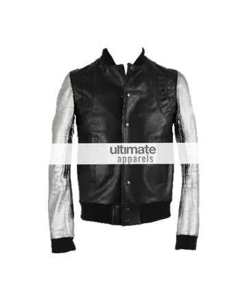Kanye West Silver Sleeve Black Teddy Varsity Leather Jacket Kanye West Silver Sleeve Black Teddy Varsity Leather Jacket