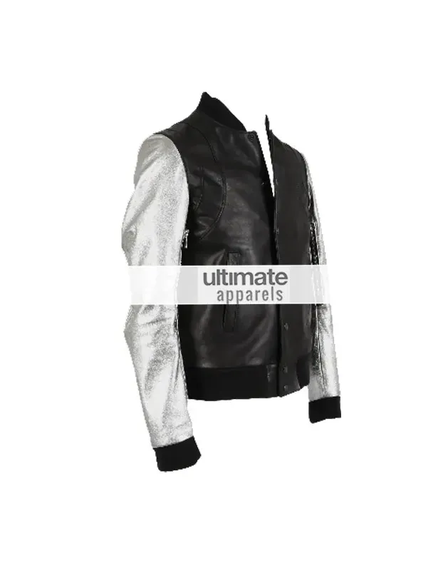 Kanye West Silver Sleeve Black Teddy Varsity Leather Jacket