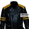 Men's Black Biker Leather Jacket With Yellow Stripes Men's Black Biker Leather Jacket With Yellow Stripes