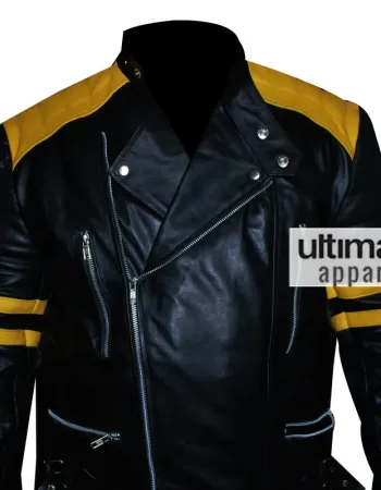 Men's Black Biker Leather Jacket With Yellow Stripes