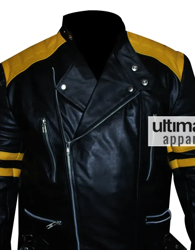 Men's Black Biker Leather Jacket With Yellow Stripes Men's Black Biker Leather Jacket With Yellow Stripes