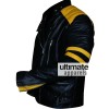 Men's Black Biker Leather Jacket With Yellow Stripes