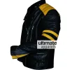 Men's Black Biker Leather Jacket With Yellow Stripes