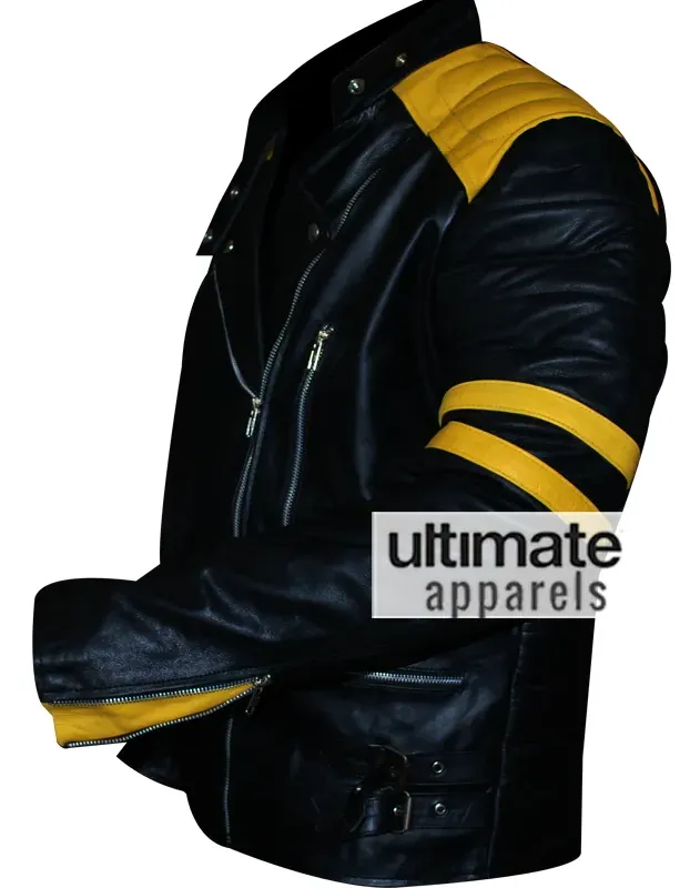 Men's Black Biker Leather Jacket With Yellow Stripes Men's Black Biker Leather Jacket With Yellow Stripes