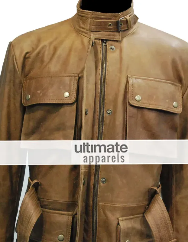 Men Distressed Light Brown Belted Moto Long Jacket Men Distressed Light Brown Belted Moto Long Jacket