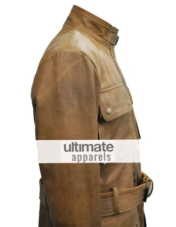 Men Distressed Light Brown Belted Moto Long Jacket