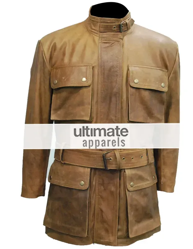 Men Distressed Light Brown Belted Moto Long Jacket Men Distressed Light Brown Belted Moto Long Jacket