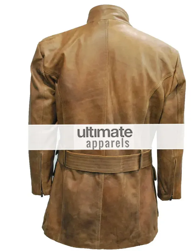 Men Distressed Light Brown Belted Moto Long Jacket Men Distressed Light Brown Belted Moto Long Jacket