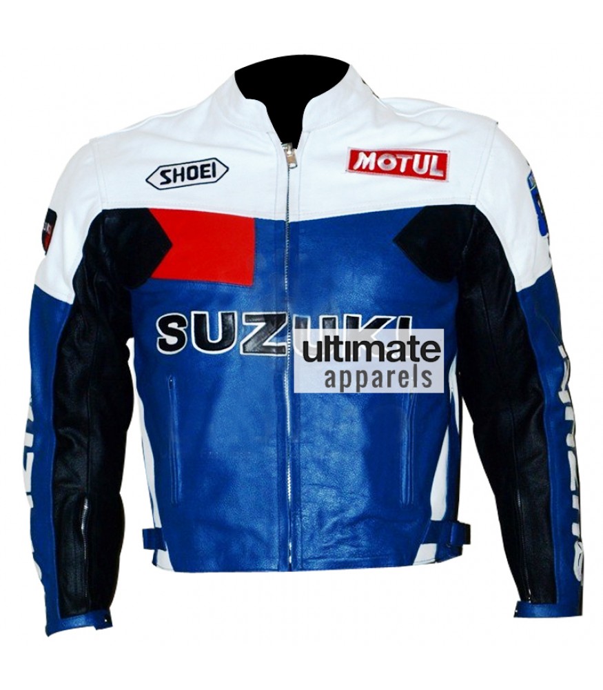 Suzuki Men's Blue And White Motorcycle Leather Jacket