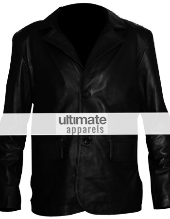 Classic Mens Black Leather 2 Button Blazer Jacket