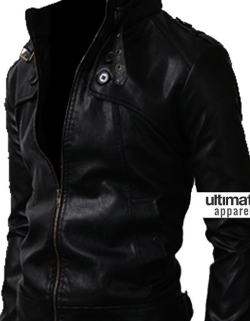 Button Pocket Black Slim-Fit Leather Jacket
