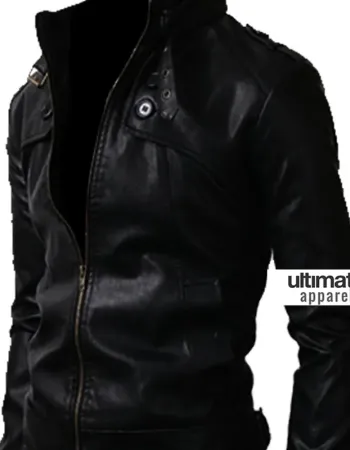 Button Pocket Black Slim-Fit Leather Jacket