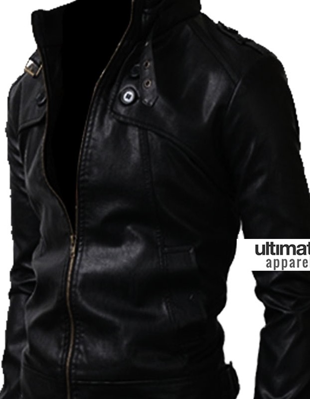 Button Pocket Black Slim-Fit Leather Jacket Button Pocket Black Slim-Fit Leather Jacket
