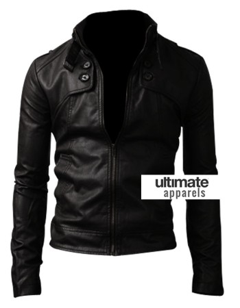 Button Pocket Black Slim-Fit Leather Jacket