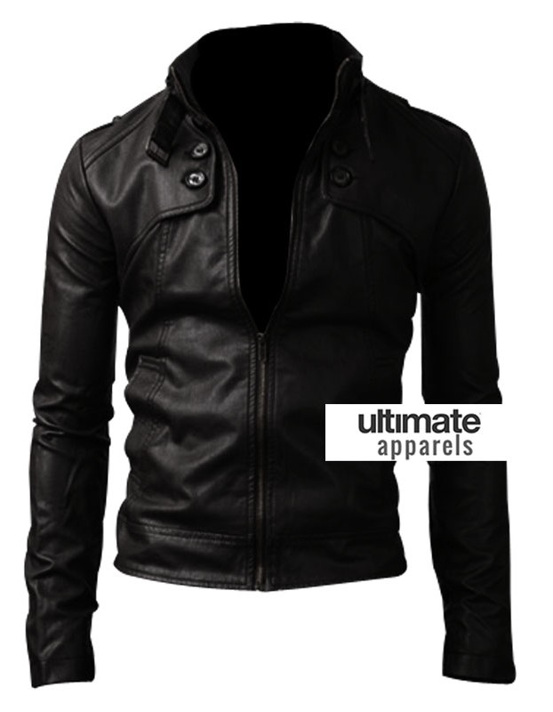 Button Pocket Black Slim-Fit Leather Jacket Button Pocket Black Slim-Fit Leather Jacket